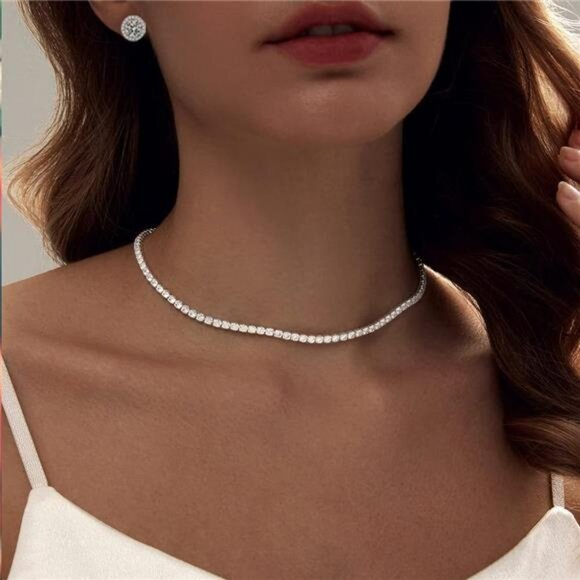 Silver Tennis Necklace Bracelet Earrings Set Wedding Jewelry Bridesmaid Prom Gif - Picture 3 of 7